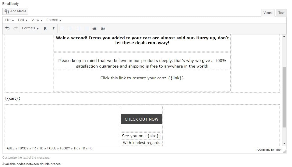 Screenshot of the Abandoned Cart add-on settings
