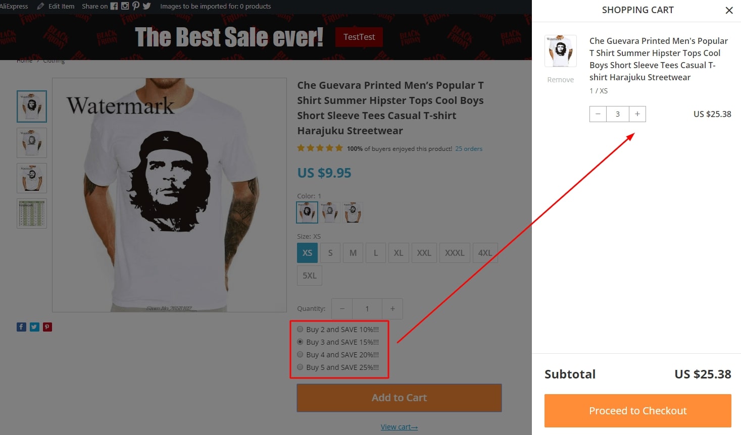 Example of how the Bulk Discounts add-on changes product pages adding bulk options