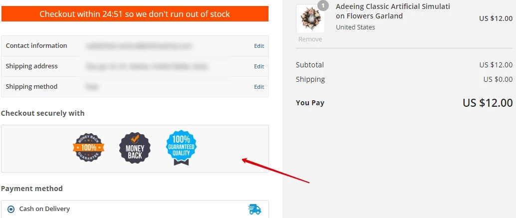Trust badges created by the Urgency add-on for AliDropship websites