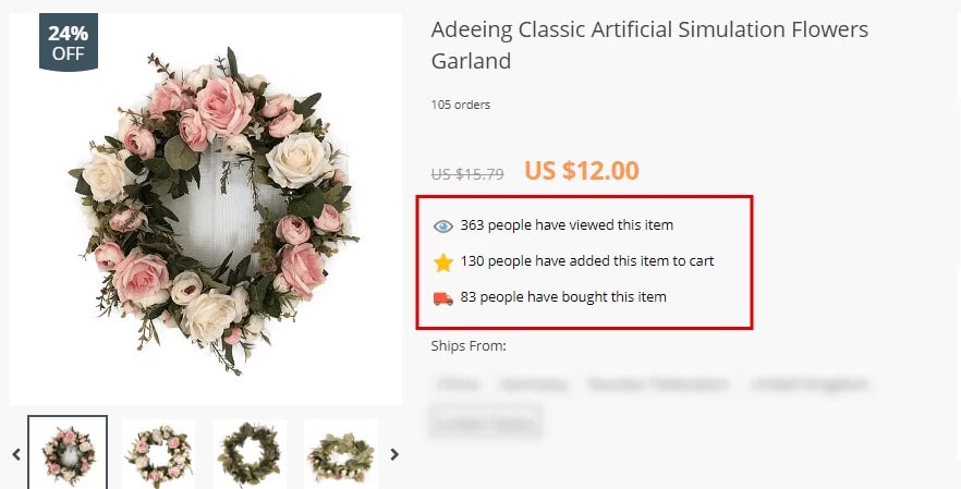 A product page on a dropshipping website that uses the Urgency add-on
