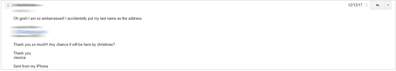 A message from a dropshipping customer who made a mistake in order details.