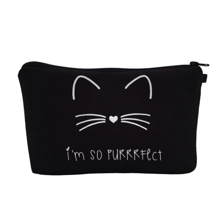 Cute black make-up bag with an inscription saying &ldquo;I&rsquo;m so purrrfect&rdquo; 