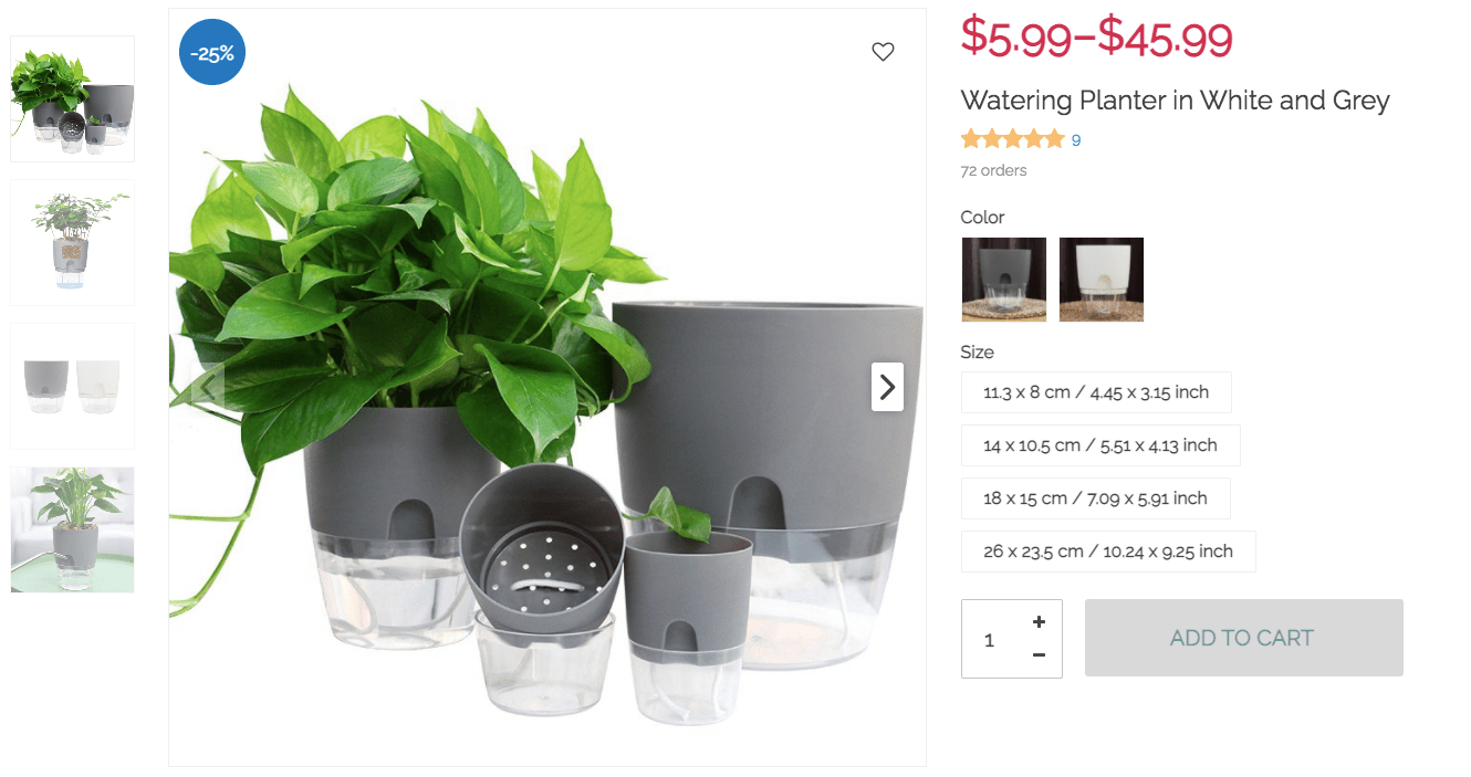 An example of product order information
