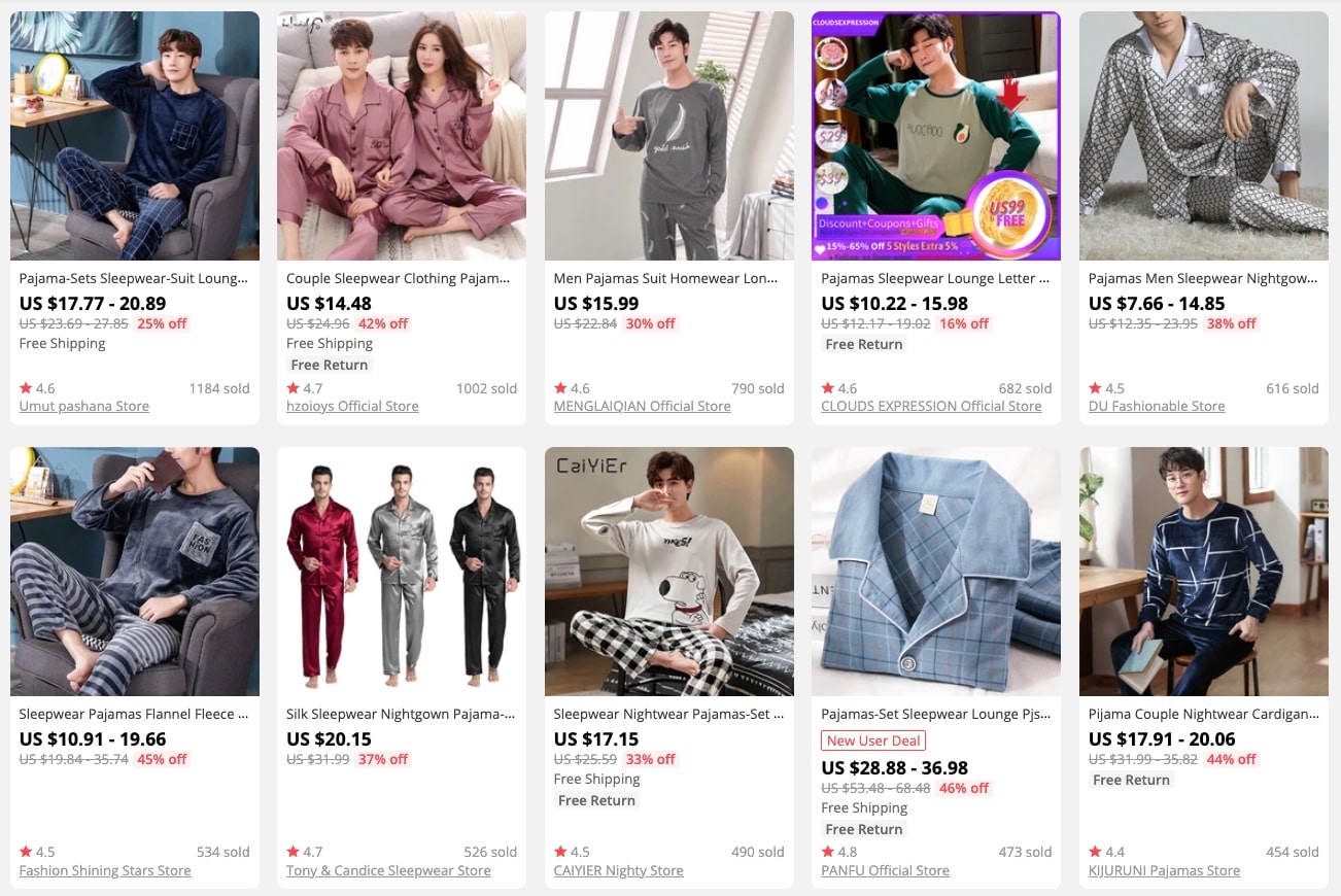 a picture showing how much men's pyjamas cost