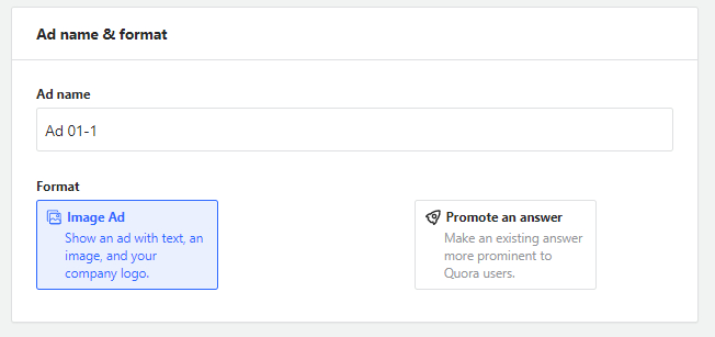 Two ad types available on Quora - Image ad and Answer promotion