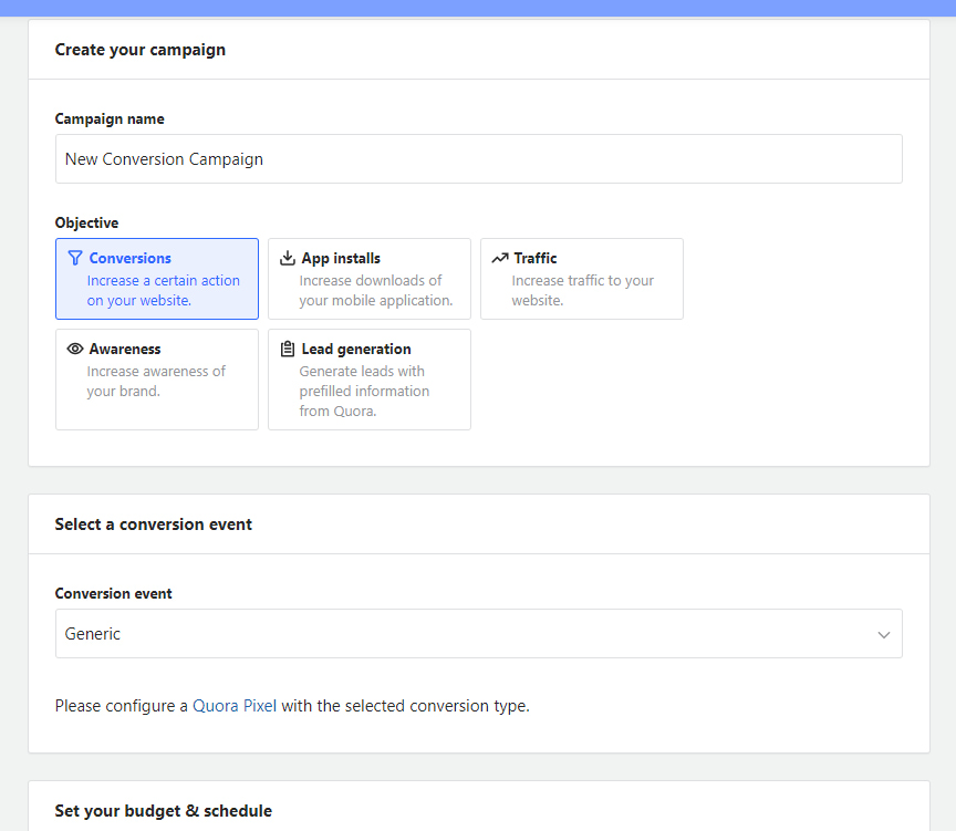 5 objectives available for advertising campaigns on Quora