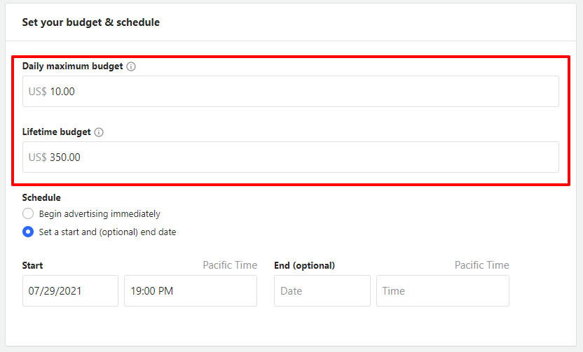 Setting up the budget for an ad campaign on Quora
