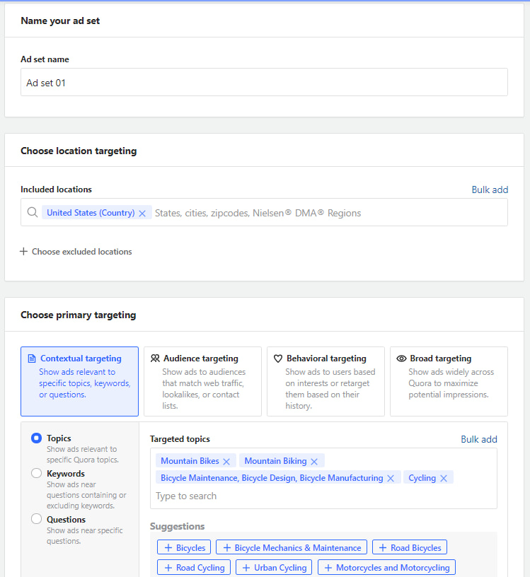 Ad set settings on Quora