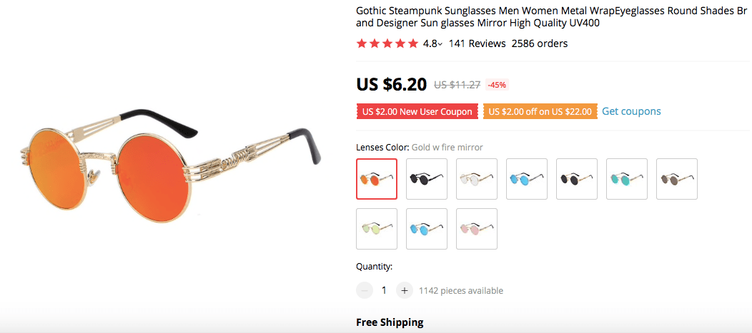 a picture showing metal mirror lens steampunk sunglasses to sell in your online store