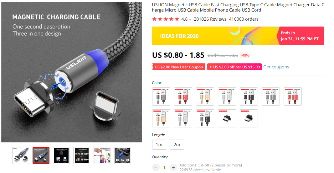 Things under 5 dollars: Magnetic USB Cable on AliExpress