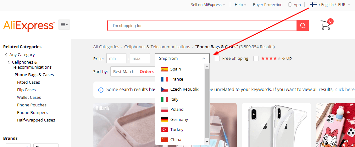 Screenshot of shipping options on AliExpress that let you order products from the nearest countries to make delivery faster