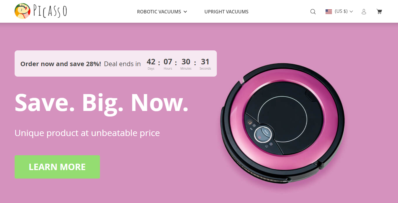 The Home page of the Picasso dropshipping store theme that features product-centered design