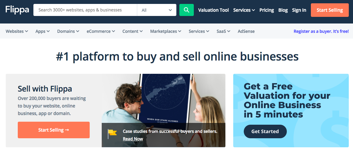 Homepage of Flippa, a platform selling ecommerce businesses.