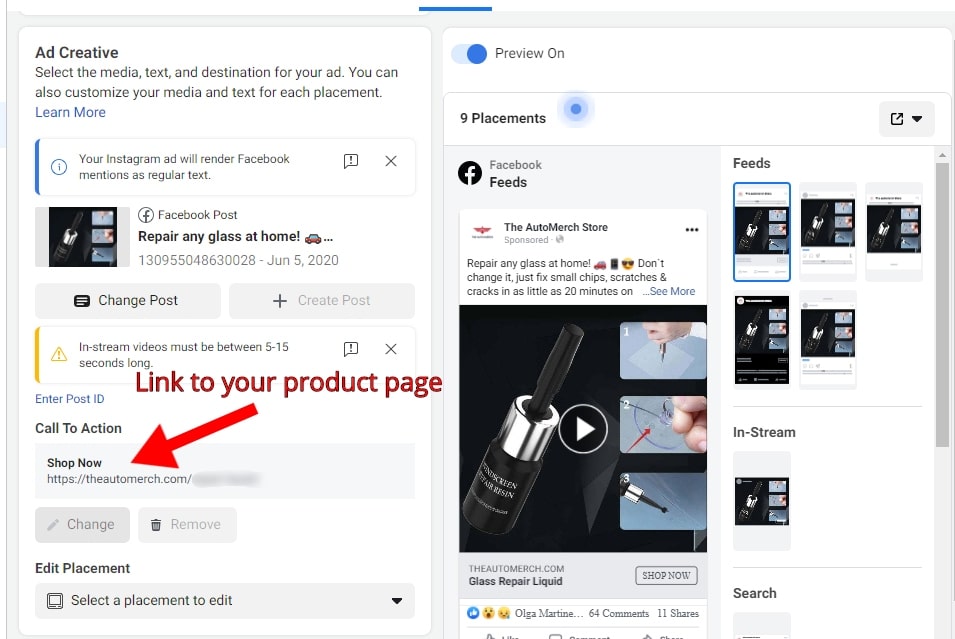 Screenshot of a Facebook Ad Creative where you can test different designs of product pages