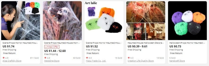 Five sets of artificial spider cobweb for Halloween decoration