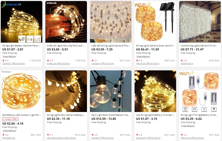 Screenshot of string lights offered on AliExpress