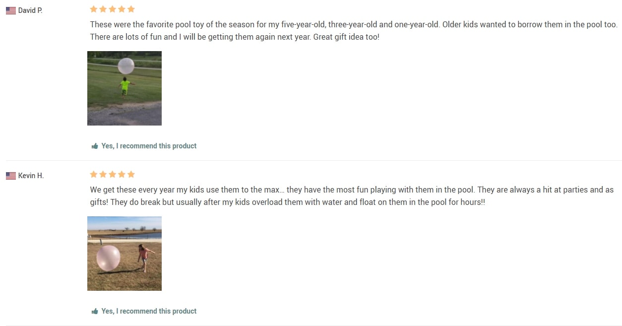 Customer reviews section of a kid products store with real photos of children playing with the product