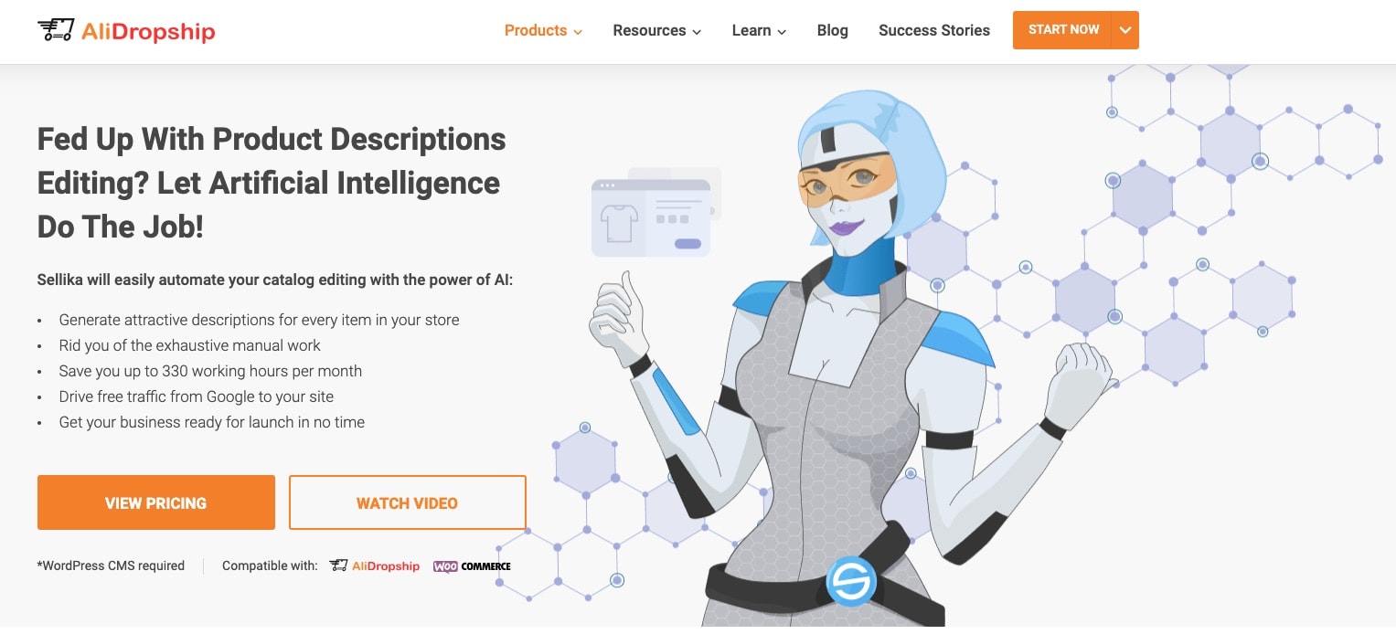 a picture that shows the homepage of AI product description generator from AliDropship