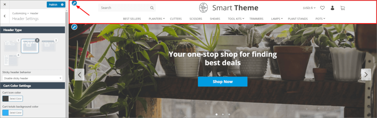 A screenshot showing the icons letting you modify the settings of this customizable WooCommerce theme