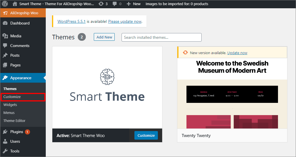 A screenshot showing a store admin area with the Customization tab where you can modify the settings of Smart Theme Woo
