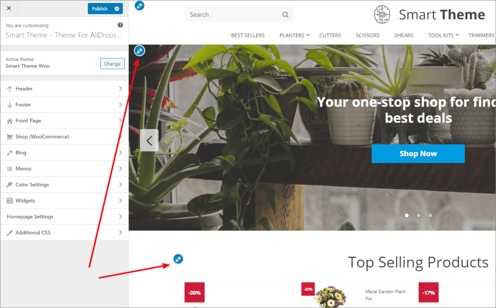 A screenshot showing the theme builder of Smart Theme Woo