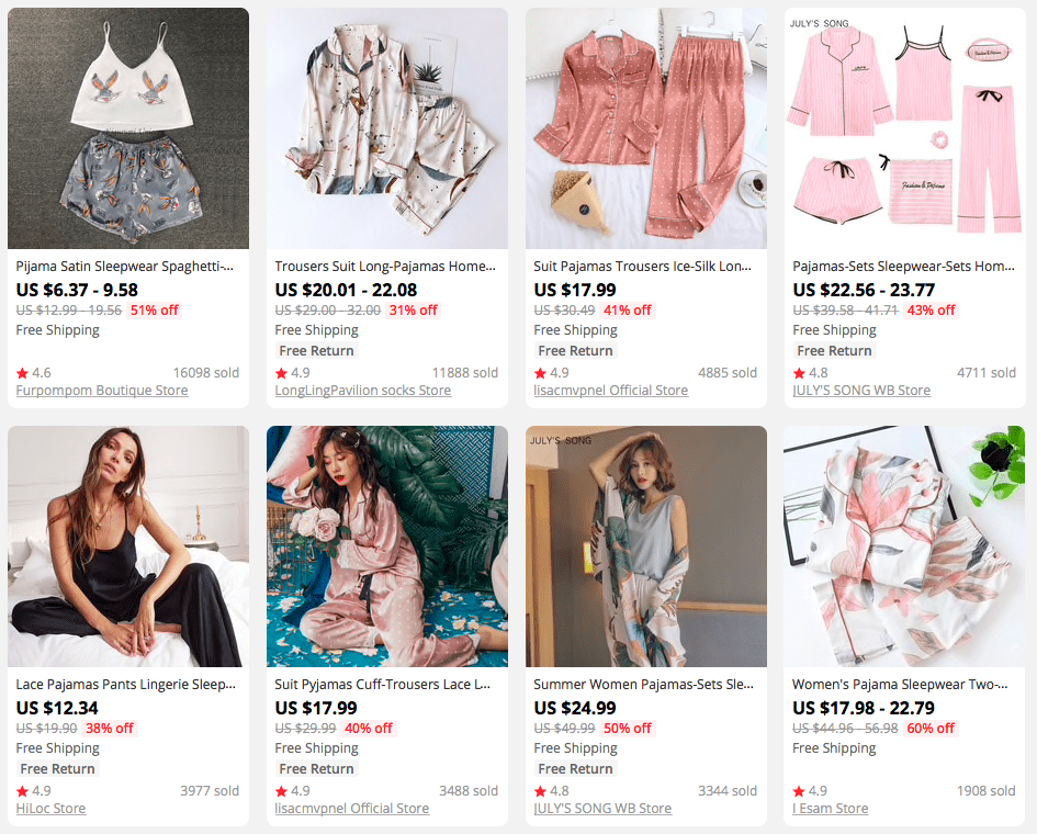 a screenshot showing women's pyjamas offering on AliExpress
