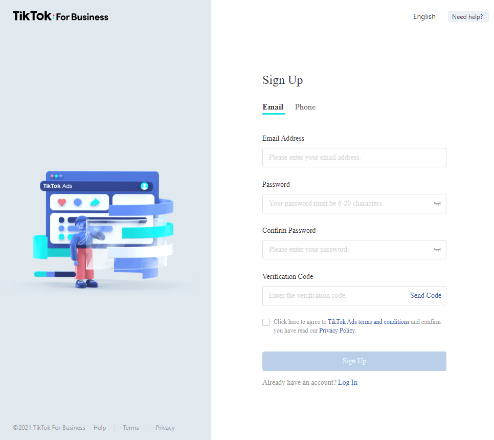 Signing up on TikTok
