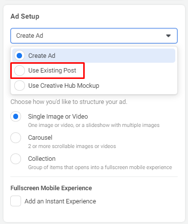 Promoting an Instagram sponsored post in Ads Manager