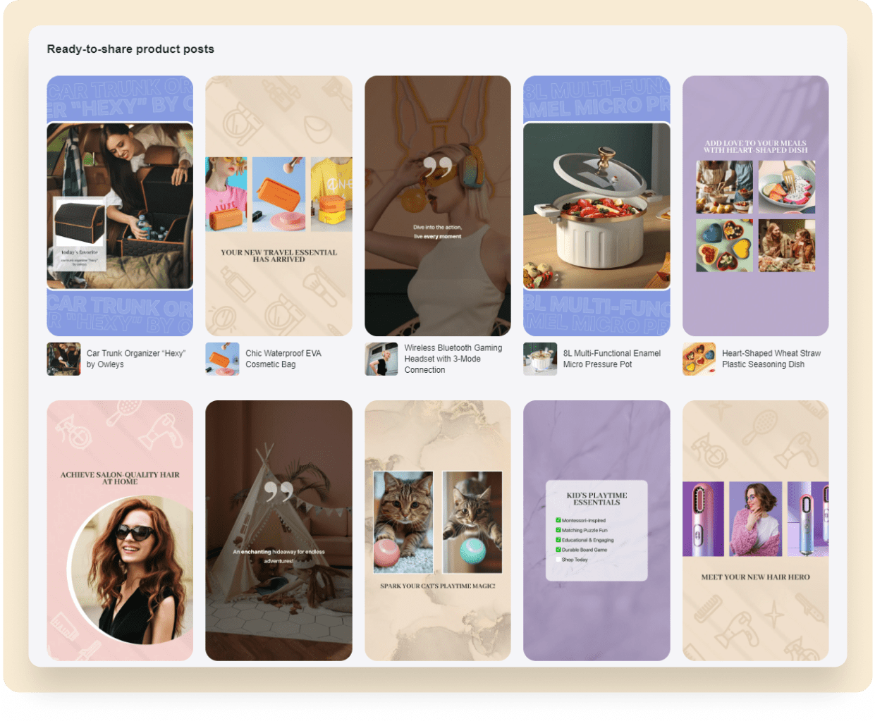 "Ready-to-share product posts" section