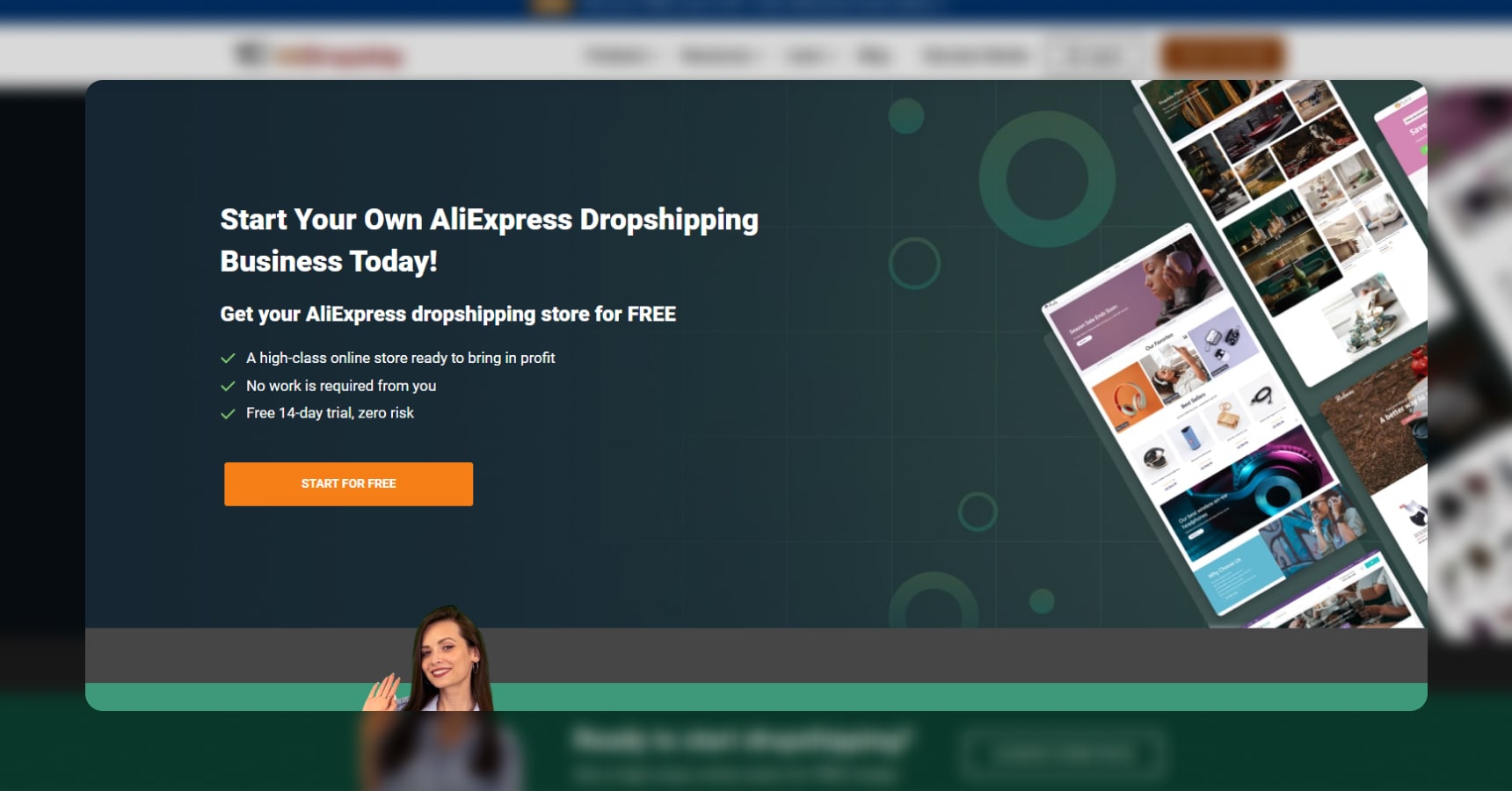 Screenshot of the AliDropship's homepage for the Shopify Alternatives article