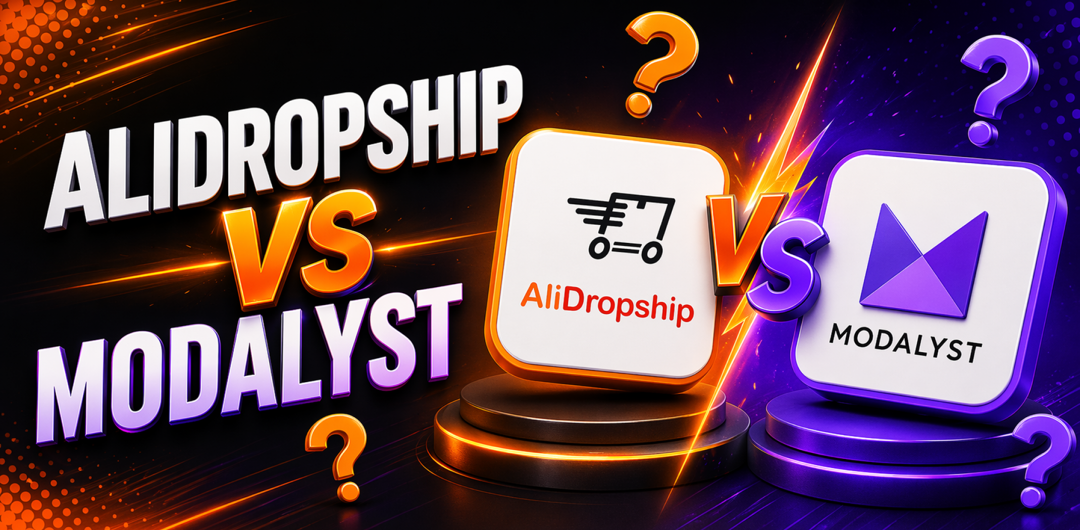 AliDropship vs Modalyst comparison infographic showing platform differences in pricing, features, store ownership, and ease of use for dropshipping beginners in 2026.