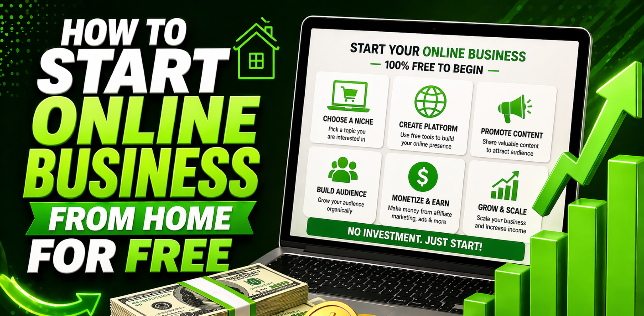 Featured image for the article about how to start online business from home for free.