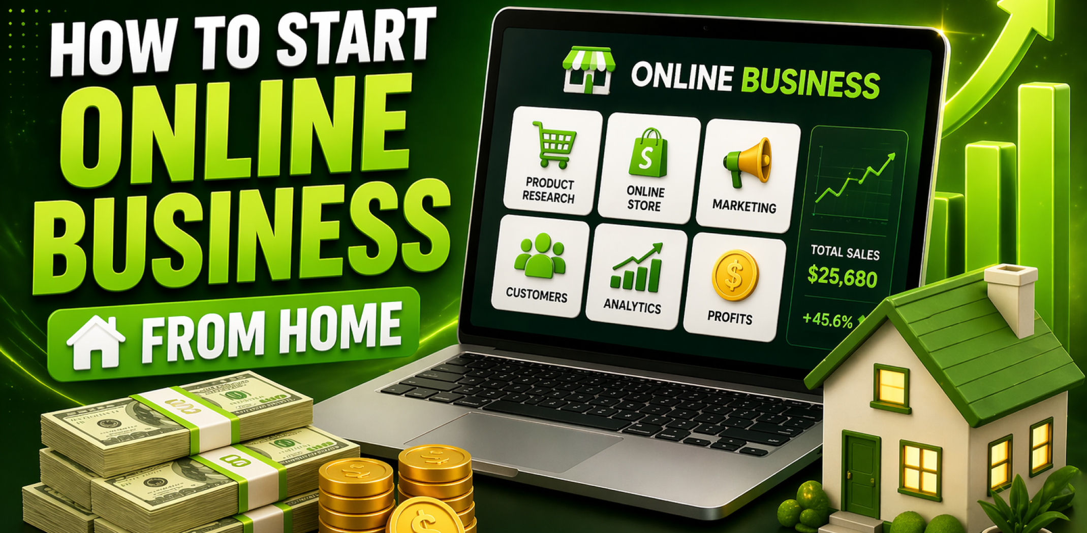 Featured image for the article about how to start online business from home.